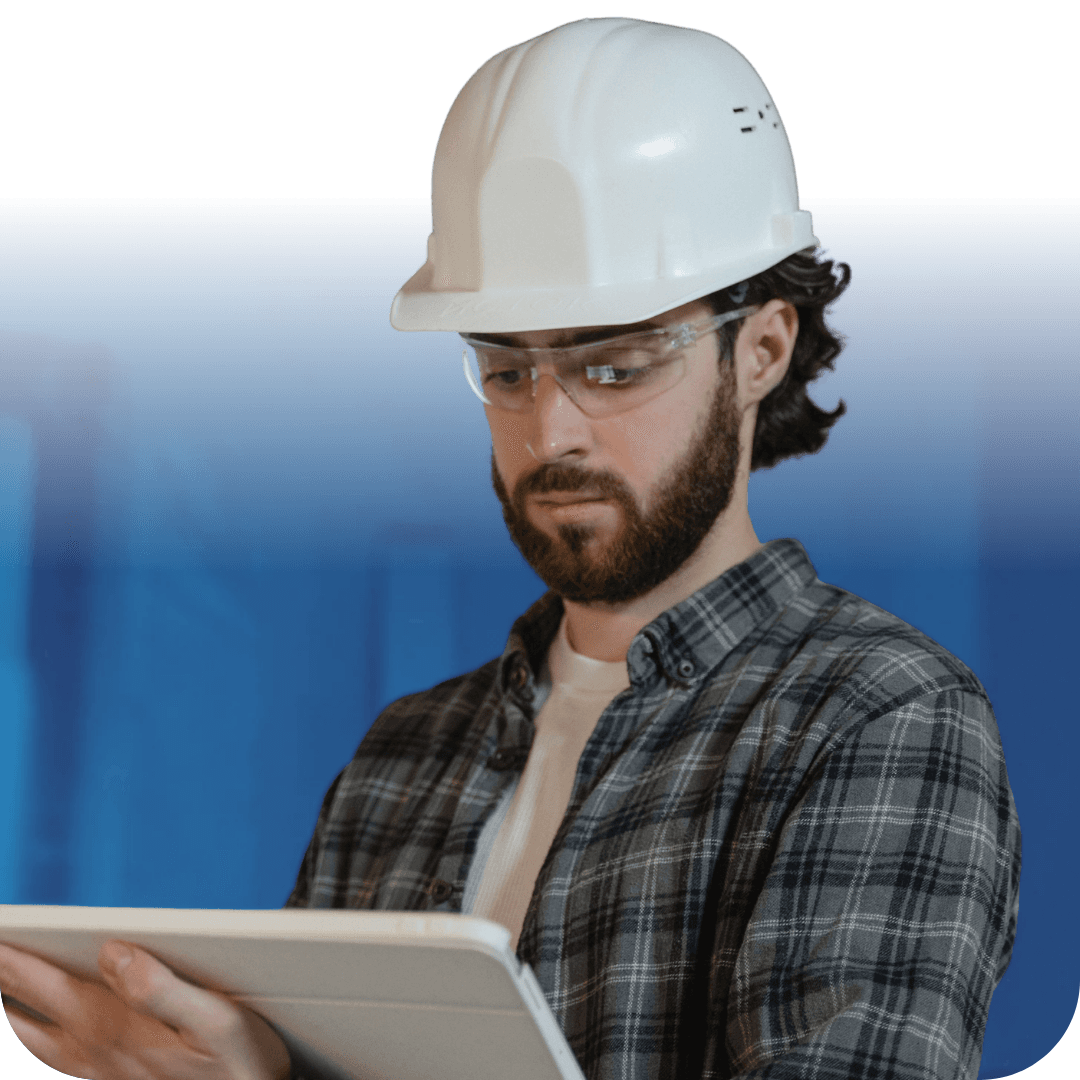 Contractor reviewing site content on tablet
