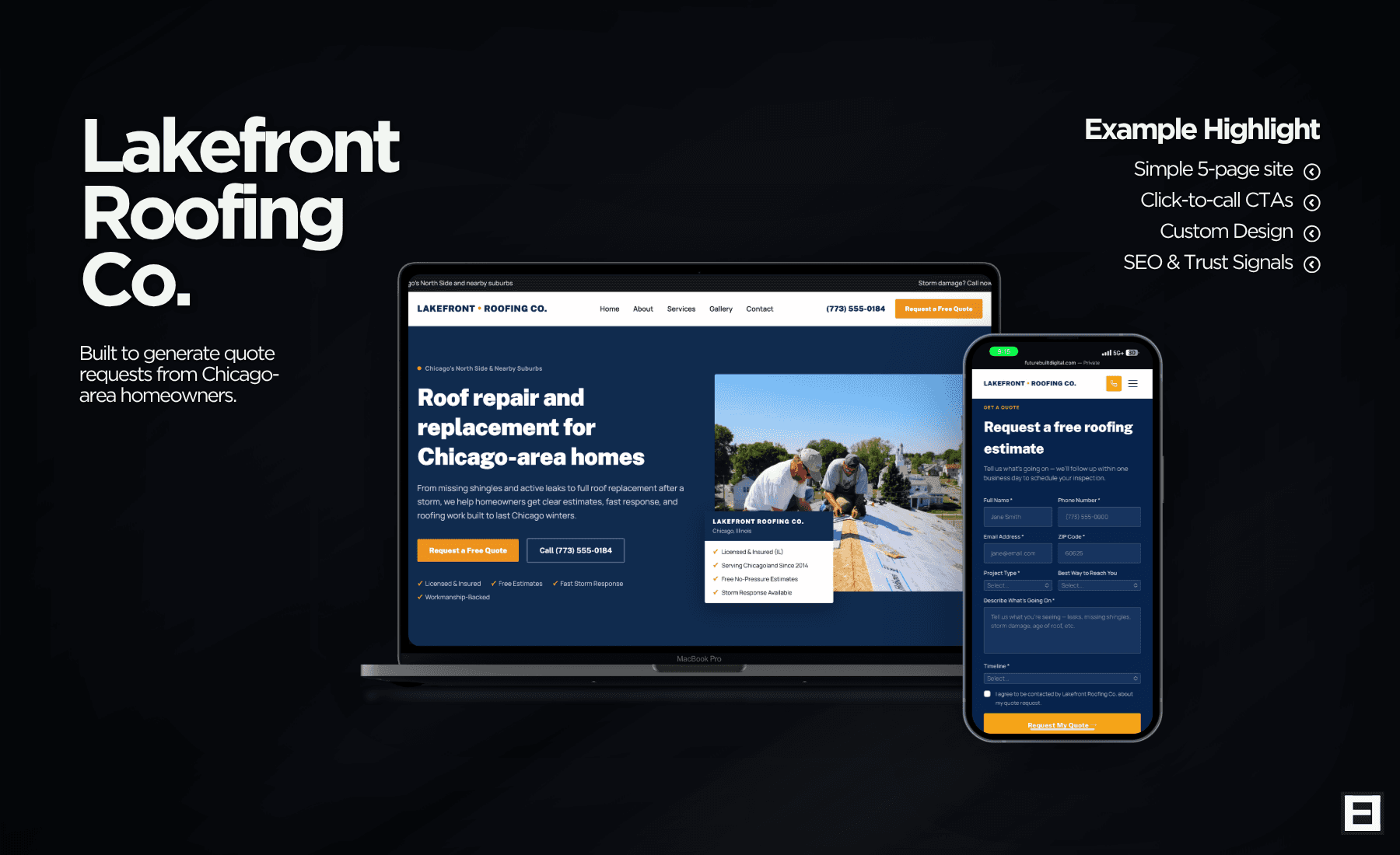 Lakefront Roofing Co. website — live example of build quality