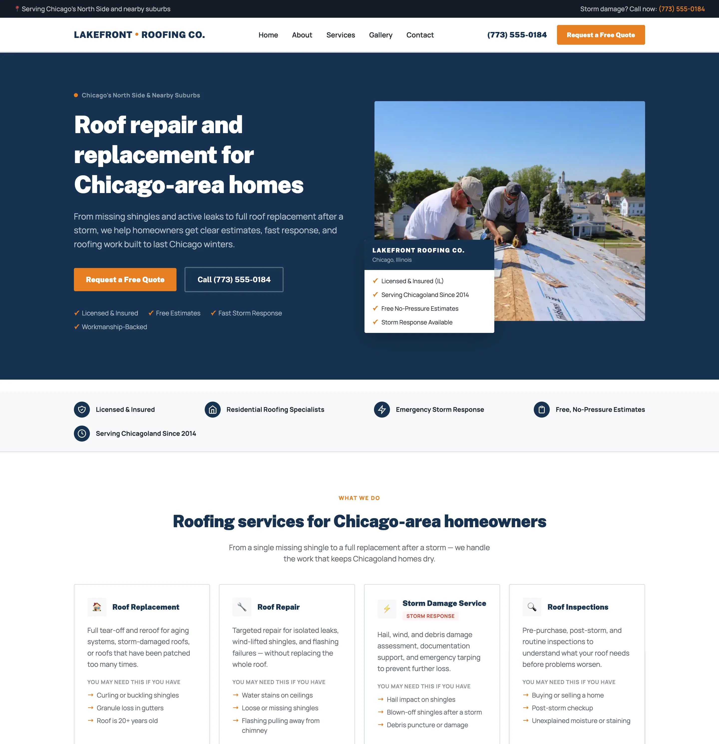 Lakefront Roofing Co. website screenshot